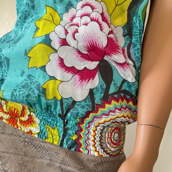 Desigual Turquoise Floral Blouse with Smoked Detail & Pockets Blue Size Small - Picture 2 of 6